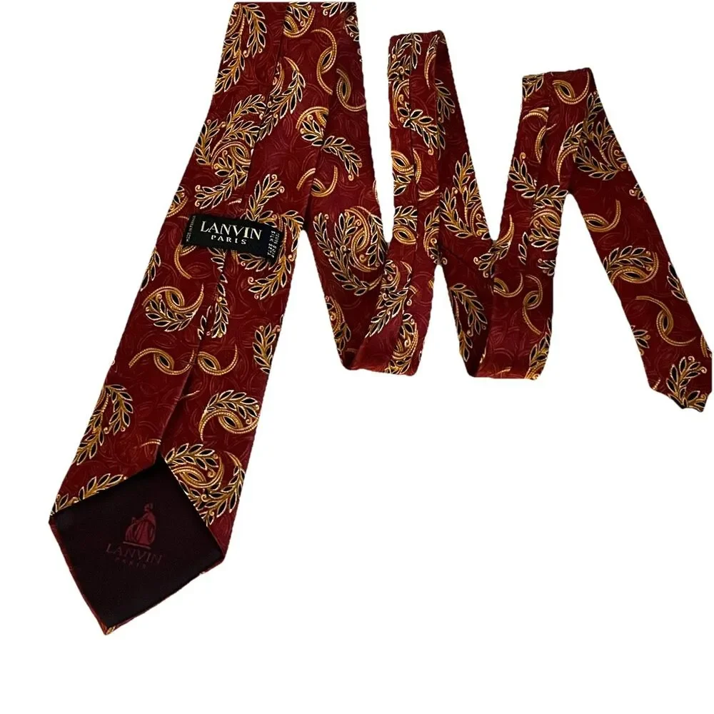 LANVIN PARIS Bordeaux Leaf Print Luxury Silk Tie 3.75” x 59” Made in France